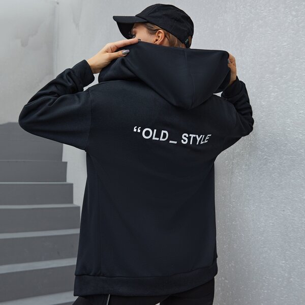 

Letter Graphic Zip Up Hoodie, Black