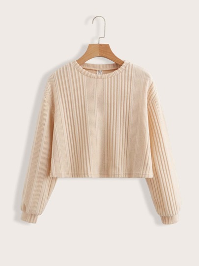SHEIN Leap Crew Casual Long Sleeve Striped Knit Drop Shoulder T-Shirt For Teenage Girls