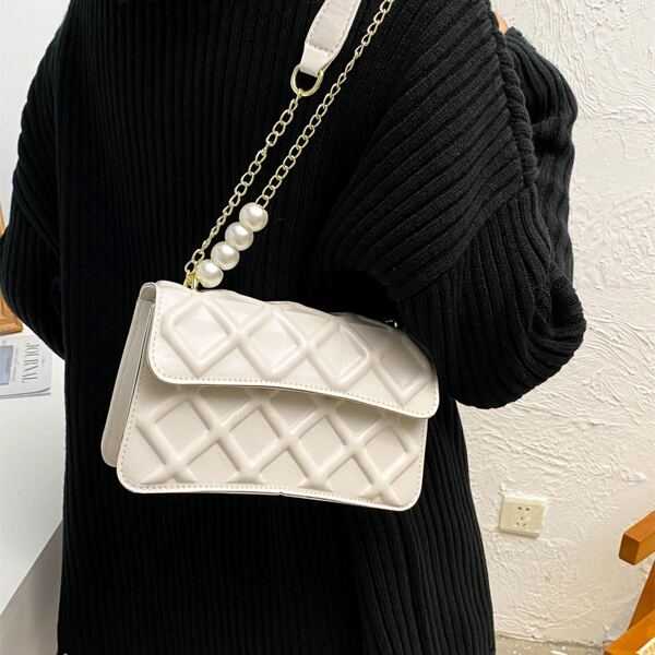 

Minimalist Textured Chain Flap Square Bag, Beige
