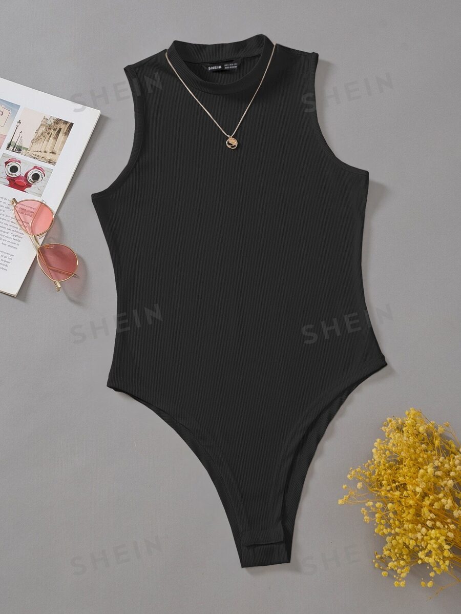 EMERY ROSE Body de vară fără mâneci cu nervuri - Negru - Vizualizare 1
