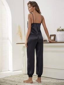 Lace Trim Drawstring Waist Satin PJ Set / Pajama Set - Black - View 2