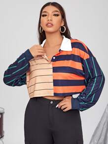 SHEIN Qutie Áo thun Plus size Nút Khối Màu Sọc Giải trí - Nhiều màu - Xem 1