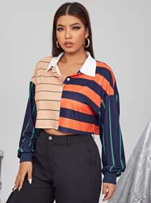 SHEIN Qutie Áo thun Plus size Nút Khối Màu Sọc Giải trí - Nhiều màu - Xem 3