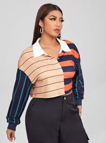 SHEIN Qutie Áo thun Plus size Nút Khối Màu Sọc Giải trí - Nhiều màu - Xem 5