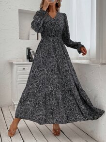SHEIN Clasi Đầm Xù Viên lá sen Dải chun Tất cả trên in Giải trí - Đen và trắng - Xem 3