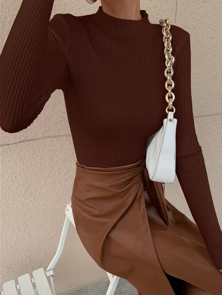 RueChic Mock Neck Ribbed Knit Solid Jumper - Coffee Brown - View 1