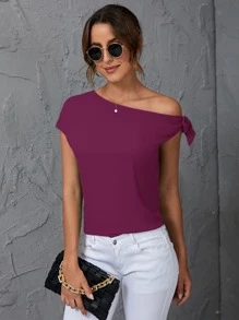SHEIN Clasi 素色斜肩襯衫 - 中紫紅色 - 查看 1