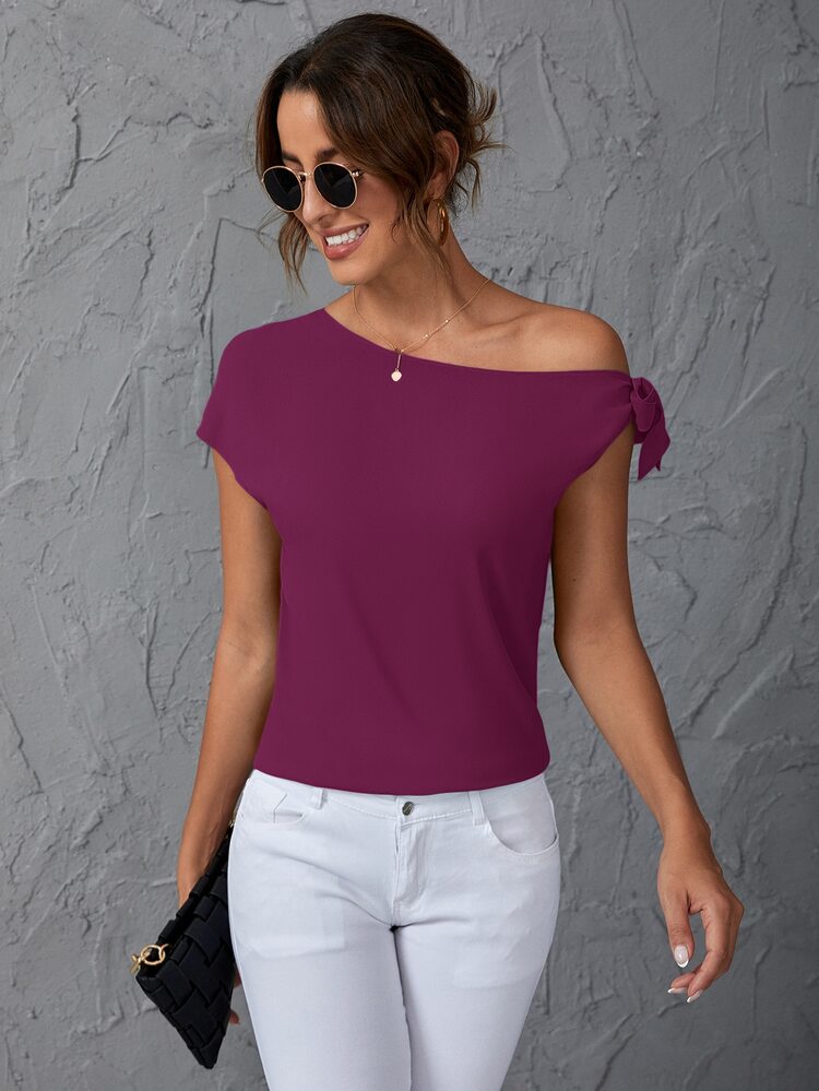 SHEIN Clasi Solid Oblique Shoulder Blouse - Red Violet - View 6