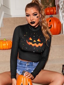 ROMWE PUNK Halloween Pumpkin Print Tie Back Crop Top - Black - View 1