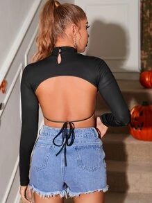 ROMWE PUNK Halloween Pumpkin Print Tie Back Crop Top - Black - View 2