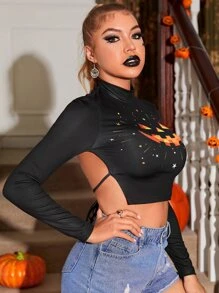 ROMWE PUNK Halloween Pumpkin Print Tie Back Crop Top - Black - View 5
