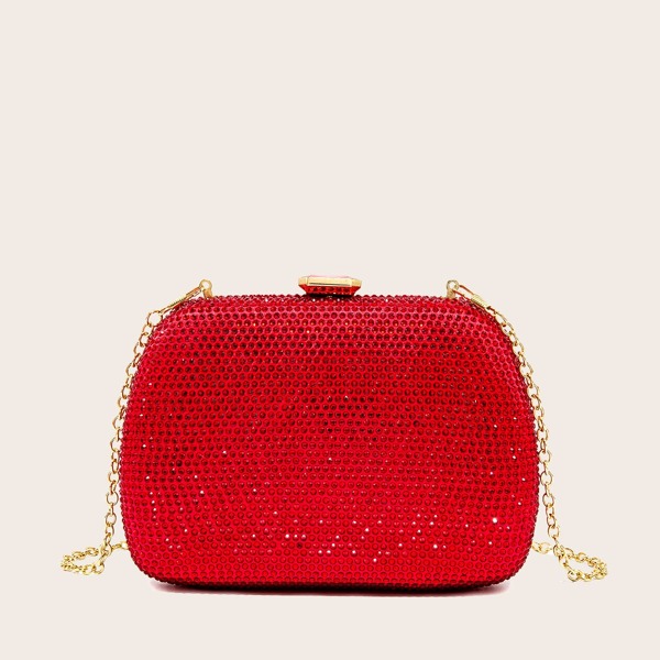 

Allover Rhinestone Decor Chain Clutch Bag, Red