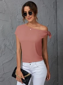 SHEIN Clasi 素色斜肩襯衫 - 藕粉色 - 查看 1