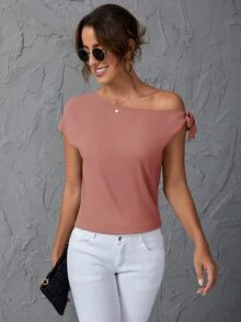 SHEIN Clasi 素色斜肩襯衫 - 藕粉色 - 查看 3