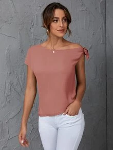 SHEIN Clasi 素色斜肩襯衫 - 藕粉色 - 查看 5