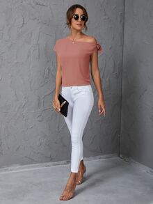 SHEIN Clasi 素色斜肩襯衫 - 藕粉色 - 查看 6