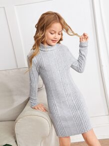 SHEIN Girls Turtleneck Ribbed Knit Dress - Light Grey - View 1