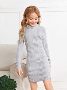SHEIN Girls Turtleneck Ribbed Knit Dress - Light Grey - View 3