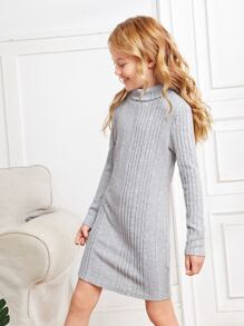 SHEIN Girls Turtleneck Ribbed Knit Dress - Light Grey - View 5