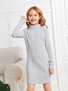 SHEIN Girls Turtleneck Ribbed Knit Dress - Light Grey - View 6