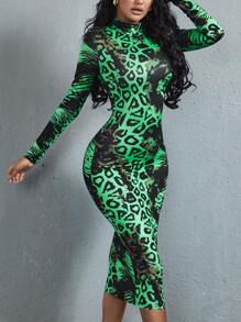 SHEIN SXY 豹紋和虎紋印花小高領緊身連衣裙 - 彩色 - 查看 1