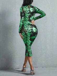 SHEIN SXY 豹紋和虎紋印花小高領緊身連衣裙 - 彩色 - 查看 2