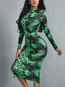 SHEIN SXY 豹紋和虎紋印花小高領緊身連衣裙 - 彩色 - 查看 3