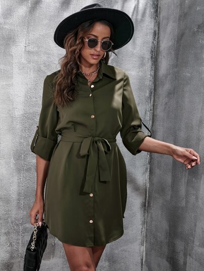 Roll Tab Sleeve Belted Shirt Dress