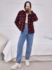 SHEIN Unity Áo khoác ngoài nữ Túi Nút phía trước Sọc ca rô Sẵn sàng - Nhiều màu - Xem 2