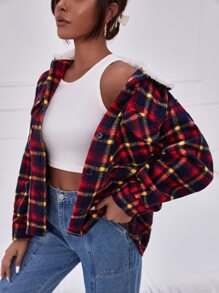 SHEIN Unity Áo khoác ngoài nữ Túi Nút phía trước Sọc ca rô Sẵn sàng - Nhiều màu - Xem 3