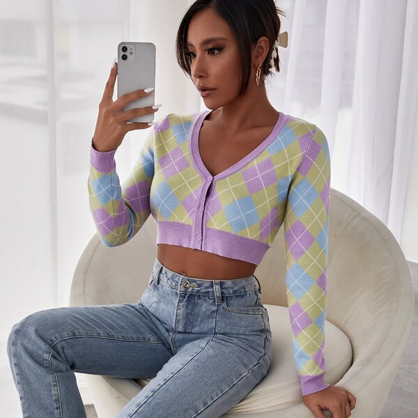 

Argyle Pattern Button Placket Crop Cardigan, Multicolor