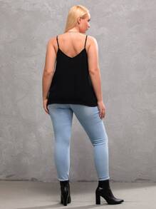 SHEIN Frenchy Plus Eyelash Lace Trim Cami Top - Black - View 2