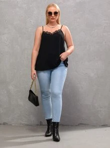 SHEIN Frenchy Plus Eyelash Lace Trim Cami Top - Black - View 4