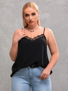 SHEIN Frenchy Plus Eyelash Lace Trim Cami Top - Black - View 5