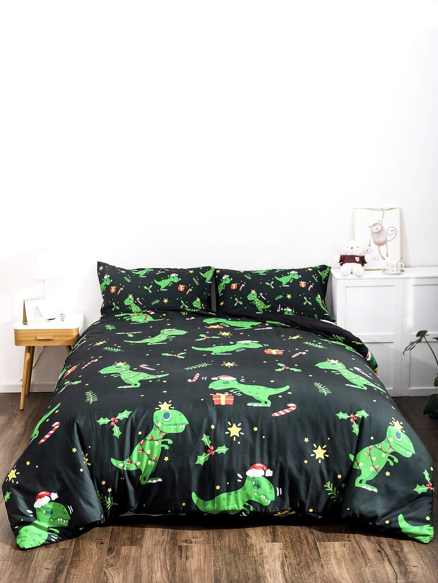 Christmas Dinosaur Duvet Covers Set Without Filler - Black - View 1