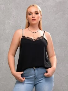 SHEIN Frenchy Plus Eyelash Lace Trim Cami Top - Black - View 6