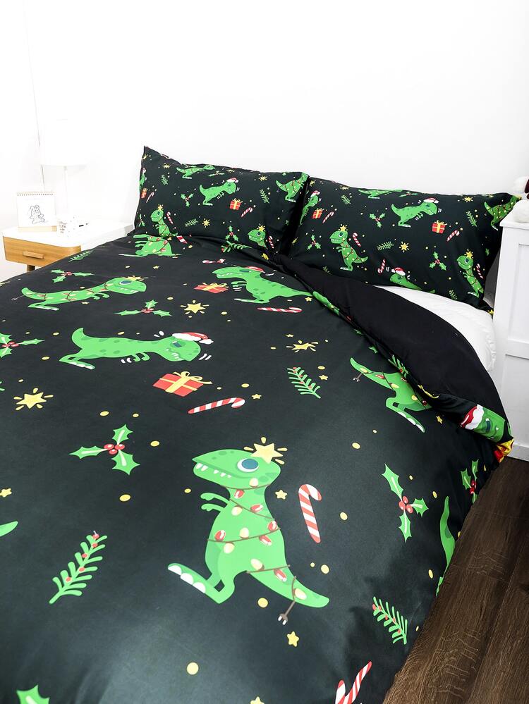 Christmas Dinosaur Duvet Covers Set Without Filler - Black - View 5