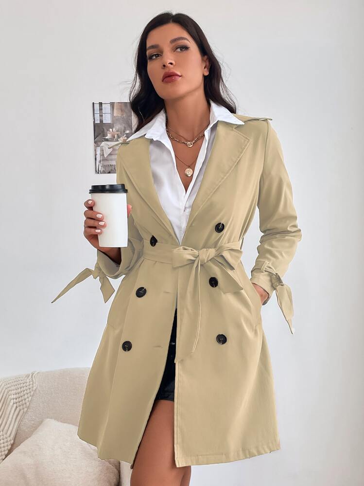 Double Breasted Belted Trench Coat - Khaki - View 1