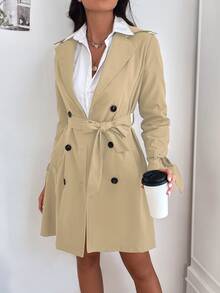 Double Breasted Belted Trench Coat - Khaki - View 3