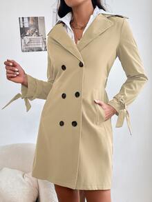 Double Breasted Belted Trench Coat - Khaki - View 4