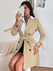 Double Breasted Belted Trench Coat - Khaki - View 5