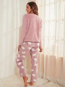 طقم بيجامة من الفلانيل المطرز بالحروف والرسوم الكرتونية، ملابس خريف وشتاء