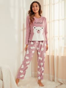 طقم بيجامة من الفلانيل المطرز بالحروف والرسوم الكرتونية، ملابس خريف وشتاء