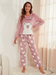 طقم بيجامة من الفلانيل المطرز بالحروف والرسوم الكرتونية، ملابس خريف وشتاء