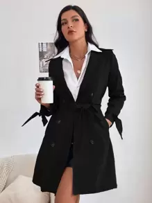 Double Breasted Belted Trench Coat - Black - View 1