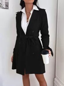 Double Breasted Belted Trench Coat - Black - View 3