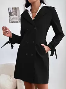 Double Breasted Belted Trench Coat - Black - View 4