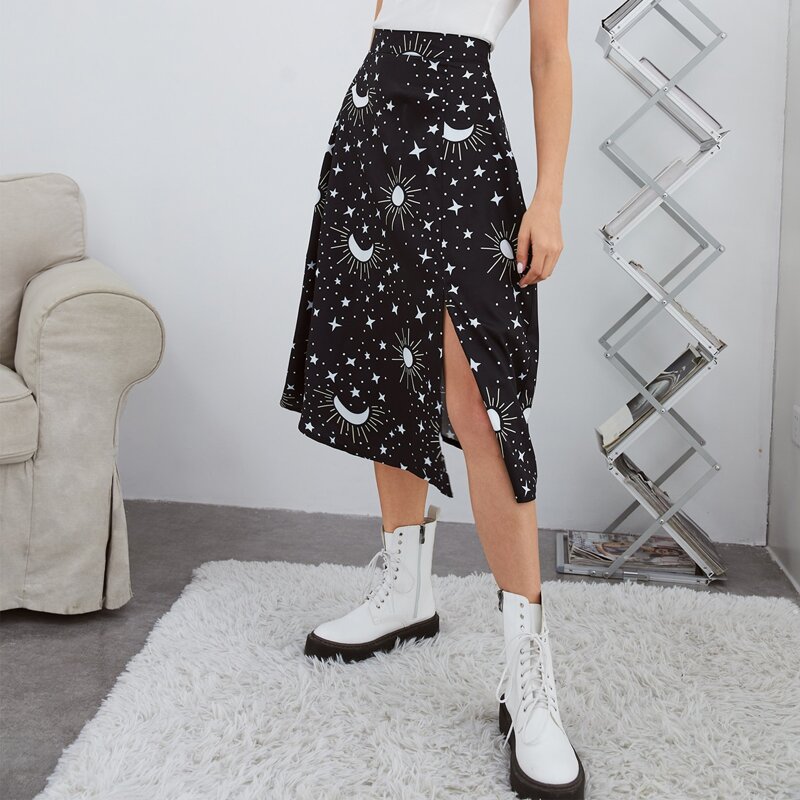 

Sun & Moon Graphic Split Skirt, Black