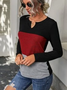 SHEIN LUNE Color Block Notch Neck Tee - Multicolor - View 3