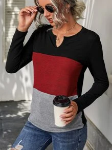 SHEIN LUNE Color Block Notch Neck Tee - Multicolor - View 5